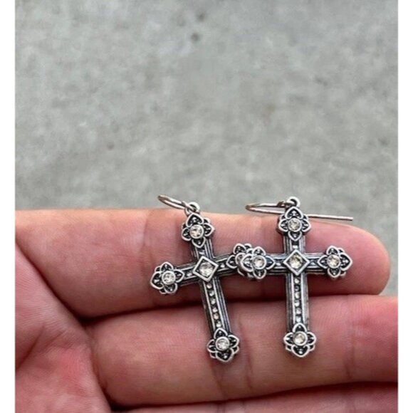 Vintage Cross Silver Tone Hook Religious Cross Dangle White Stone Earrings 1” - Picture 6 of 16